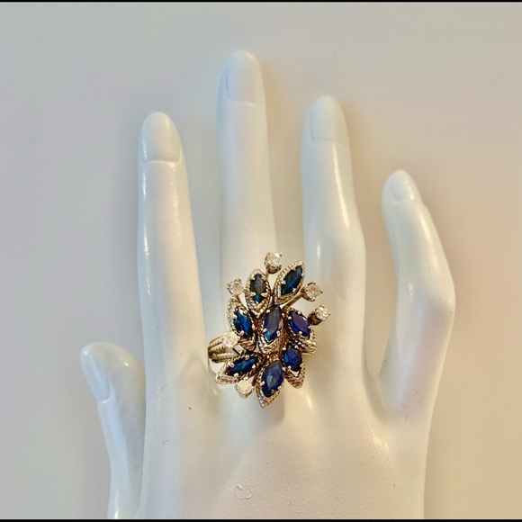 “HOST PICK” Vintage 18K White Gold Sapphire and Diamond Cluster Ring - Picture 2 of 4